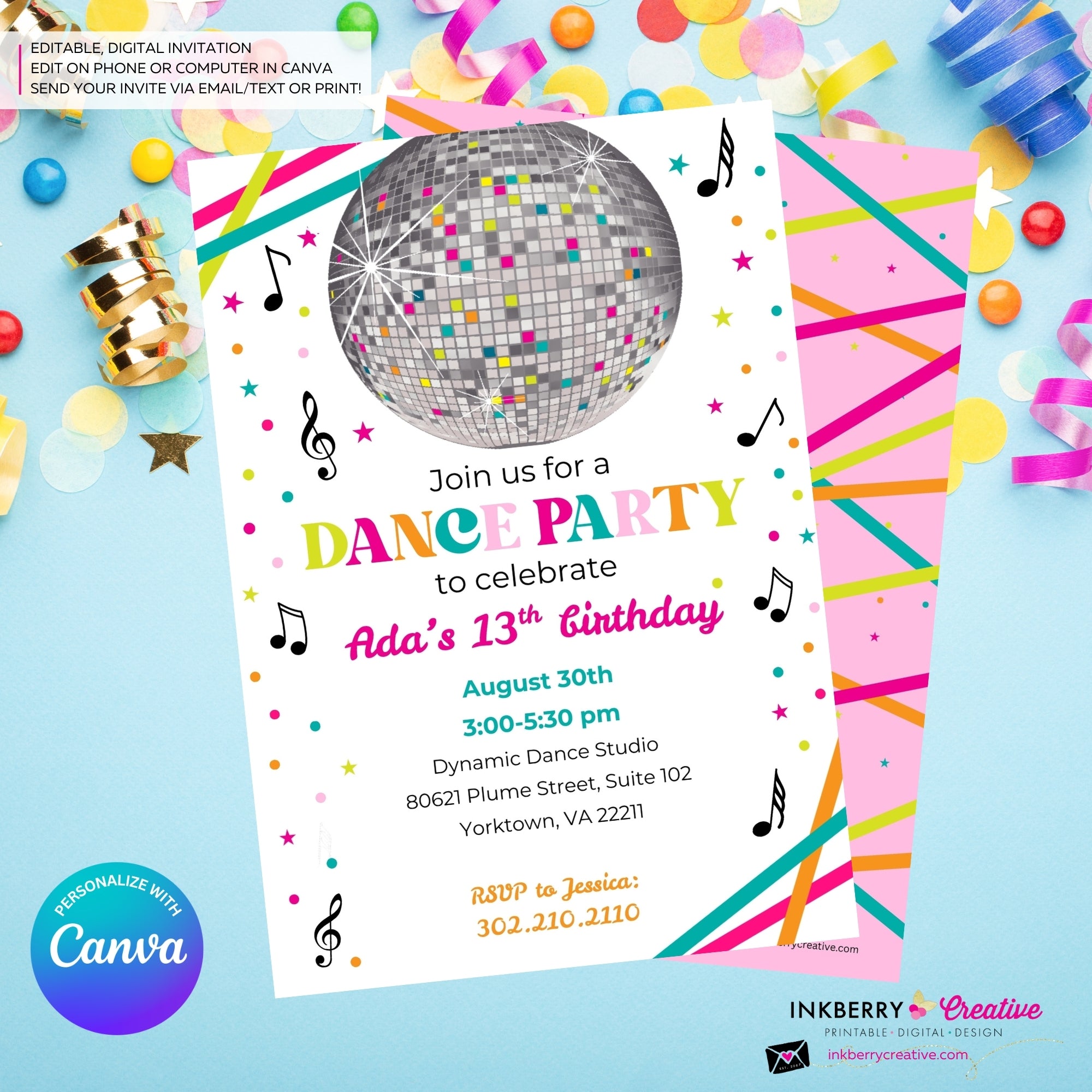 Neon Dance Party Invitation (White) with Disco Ball - Printable, Instant Download, Edit in Canva