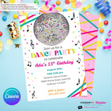 Neon Dance Party Invitation (White) with Disco Ball - Printable, Instant Download, Edit in Canva