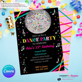 Neon Glow Dance Party Invitation (Black) with Disco Ball - Printable, Instant Download, Edit in Canva