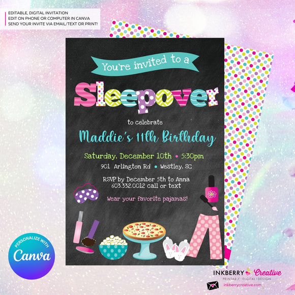 Sleepover Slumber Birthday Party Invitation (Chalkboard Style) - Kids Pizza Pajama Slumber Sleepover Birthday Party Invite - Printable, Instant Download, Edit in Canva