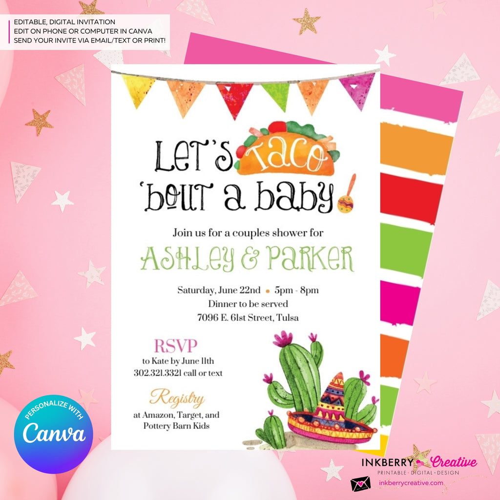 Taco Bout a Baby Shower Invitation, Chalkboard Style w/ Taco, Cactus, Sombrero, Mexican Fiesta Taco Baby Shower, Digital File, Edit in Canva