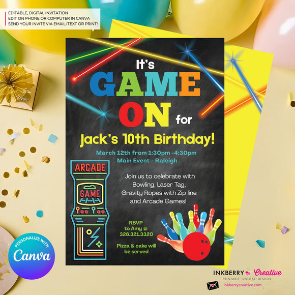 Game On - Arcade Games, Laser Tag, Bowling Birthday Party Invitation - Boys Arcade Game Party - Printable, Instant Download, Edit in Canva