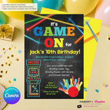Game On - Arcade Games, Laser Tag, Bowling Birthday Party Invitation - Boys Arcade Game Party - Printable, Instant Download, Edit in Canva