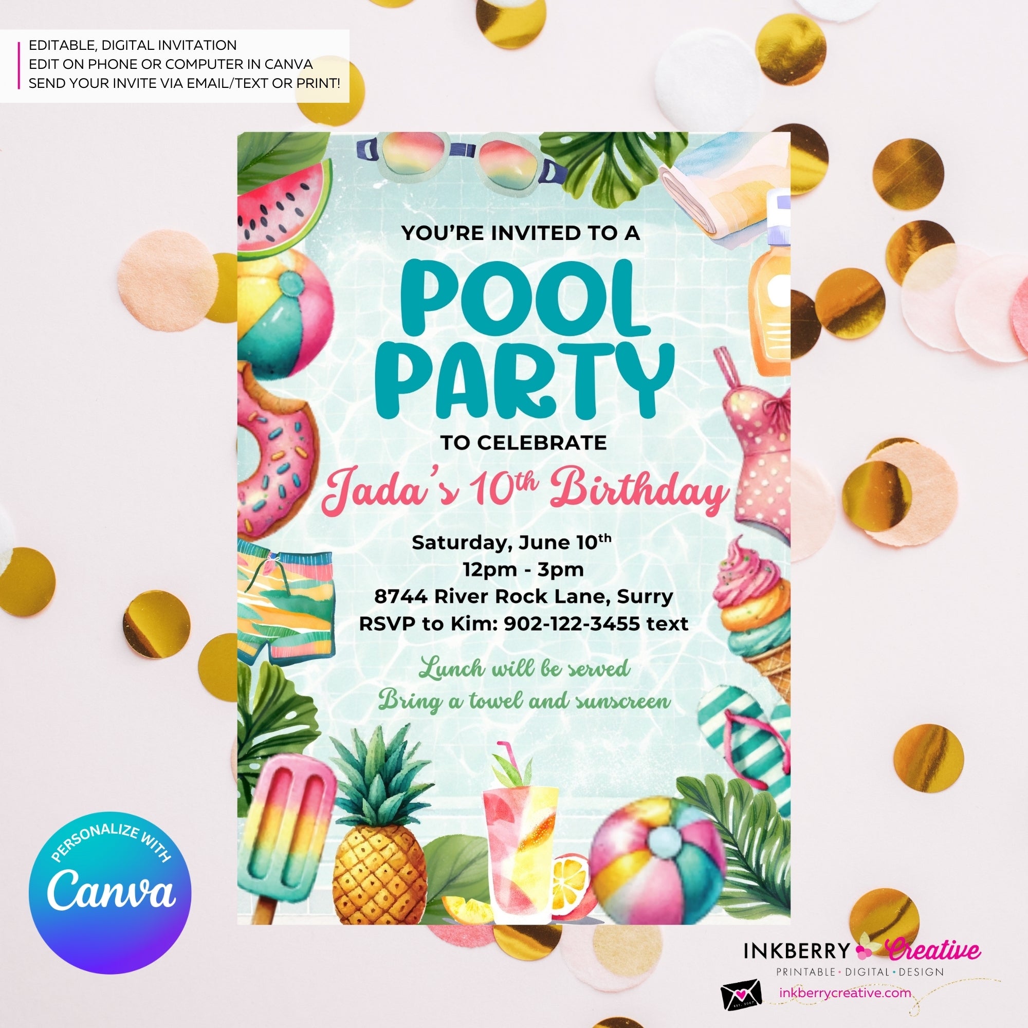 Summertime Fun Pool Party Invitation - Summer Pool Party - Printable, Instant Download, Editable in Canva
