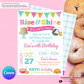 Rise and Shine Girls Birthday Breakfast Brunch Party Invitation, Pancakes, Bacon, Eggs, Waffles - Editable in Canva