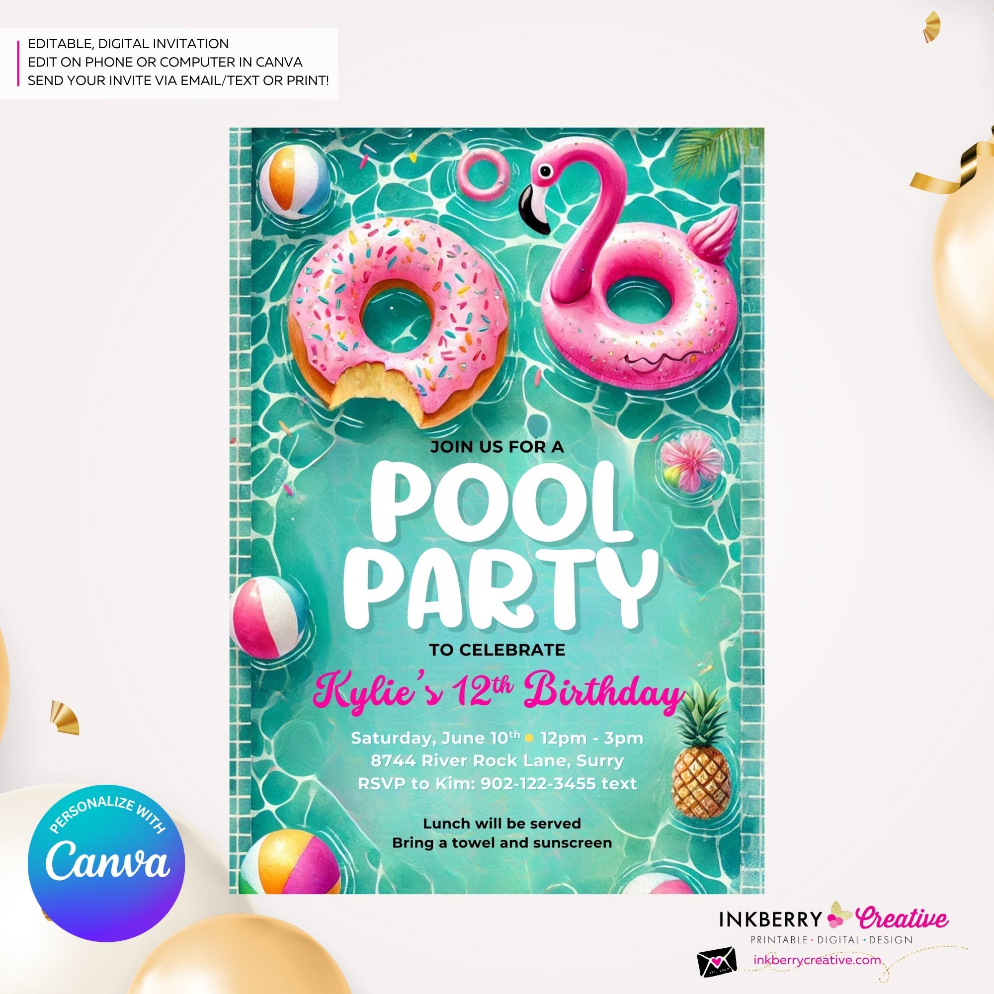 Flamingo Float Pool Party Invitation - Summer Pool Party - Printable, Instant Download, Editable in Canva