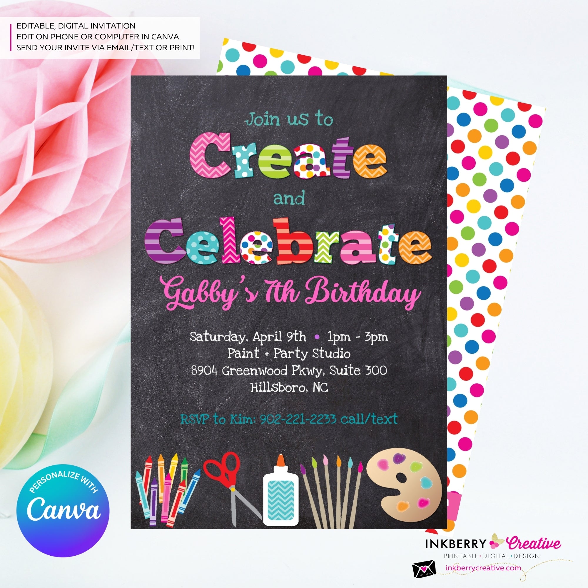 Create and Celebrate - Arts and Crafts Birthday Party Invitation, Chalkboard Style - Kids Arts Crafts Painting Party - Printable, Instant Download, Edit in Canva