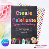Create and Celebrate - Arts and Crafts Birthday Party Invitation, Chalkboard Style - Kids Arts Crafts Painting Party - Printable, Instant Download, Edit in Canva