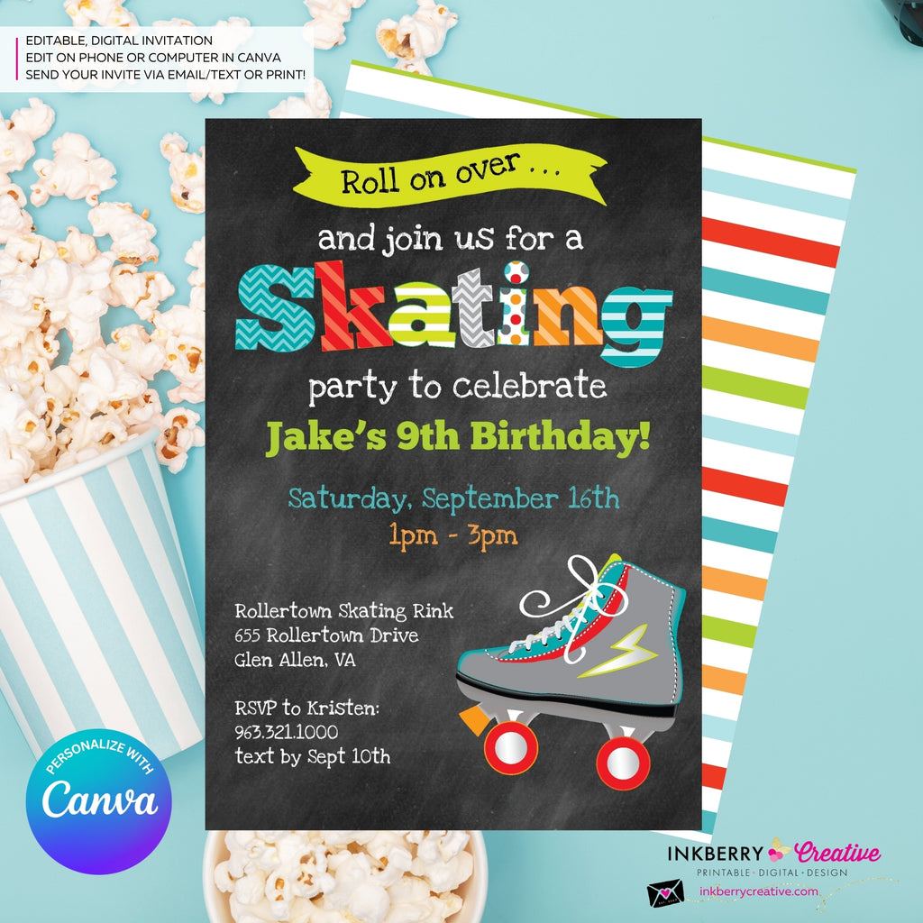 Editable Roller Skating Birthday Party Invitation - Boys Roller Skate Party Invite, Chalkboard, Roller Skating Rink Invite, Edit in Canva