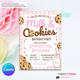 Milk and Cookies Birthday Party Invitation - Girls Pink, Brown, First Birthday or Any Age, Instant Download, Personalize and Edit in Canva