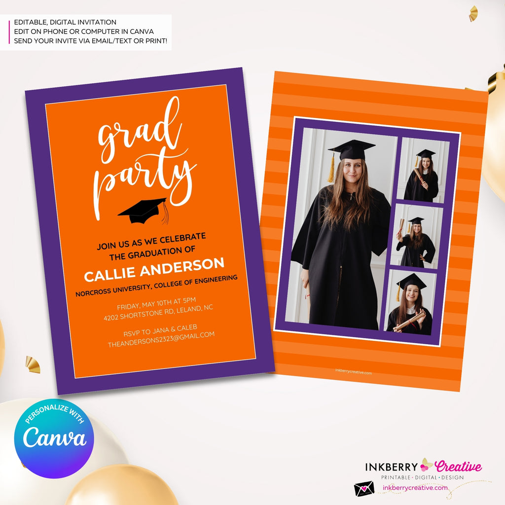 Grad Party Color Block Script - Orange Purple - Custom Color Graduation Invitation or Announcement - Editable in Canva