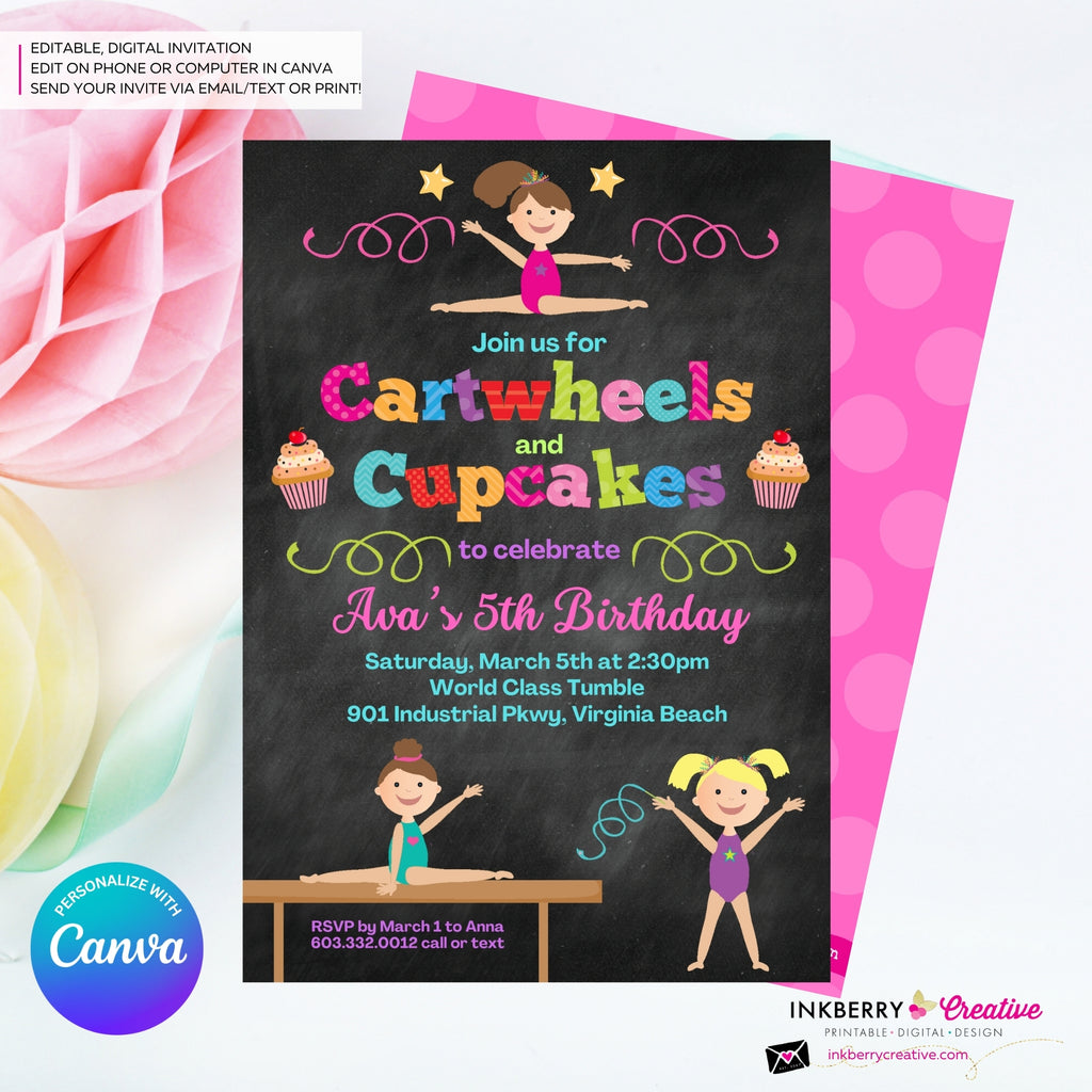 Gymnastics Party Invitation (Chalkboard) - Cartwheels and Cupcakes Gymnastics Birthday Party Invite - Printable, Instant Download, Edit in Canva