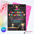Gymnastics Party Invitation (Chalkboard) - Cartwheels and Cupcakes Gymnastics Birthday Party Invite - Printable, Instant Download, Edit in Canva
