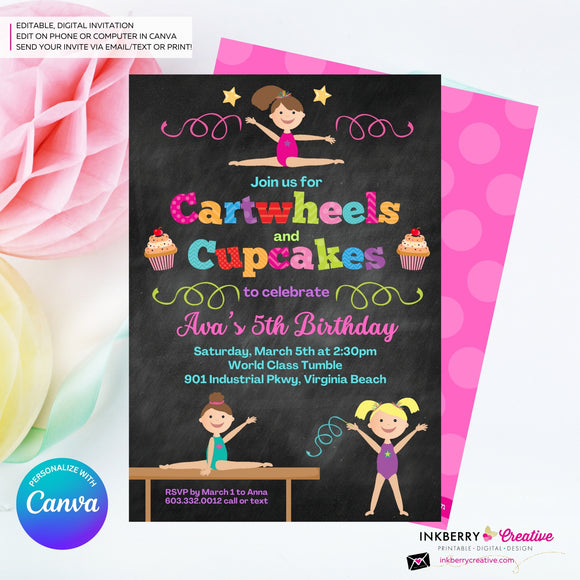 Gymnastics Party Invitation (Chalkboard) - Cartwheels and Cupcakes Gymnastics Birthday Party Invite - Printable, Instant Download, Edit in Canva