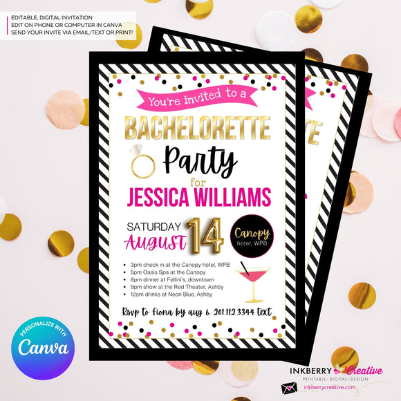 Bachelorette Party Invitation Pink, Black, Gold Confetti - Digital Printable File, Personalize and Edit in Canva