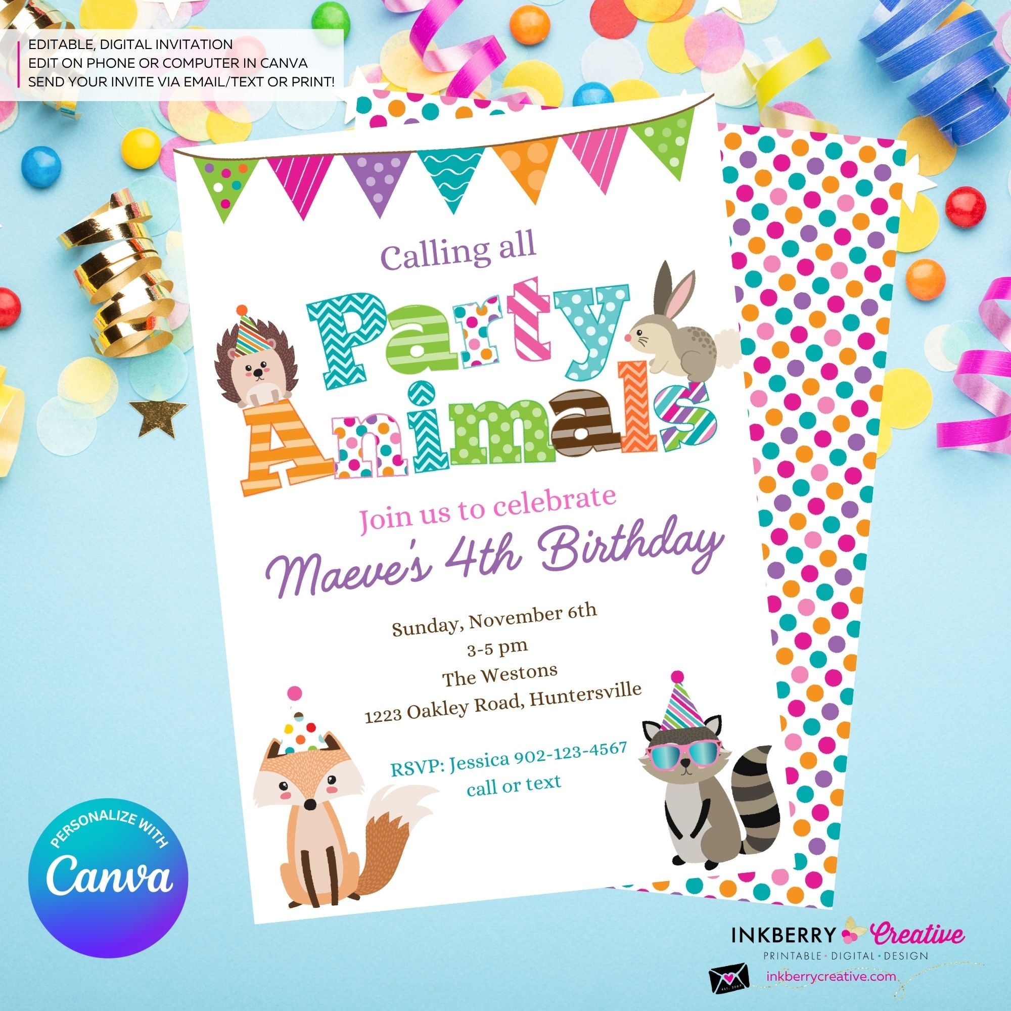 Editable Party Animal Birthday Party Invitation - Girls Cute Woodland Forest Animals Party Invite, Customize and Edit in Canva