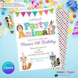 Editable Party Animal Birthday Party Invitation - Girls Cute Woodland Forest Animals Party Invite, Customize and Edit in Canva