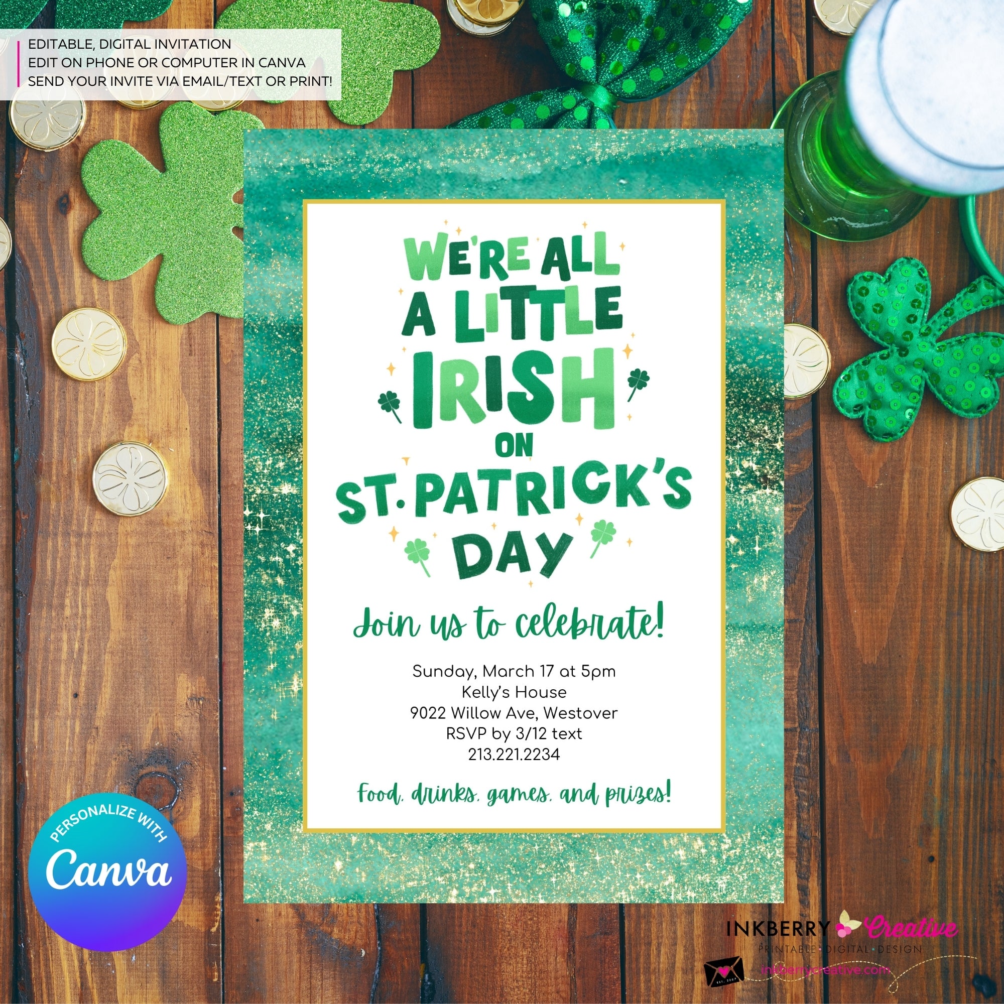We're all a Little Irish St Patricks Day Party Invitation, St Paddy's Day Invite, Green Glitter - Printable, Instant Download, Edit in Canva