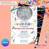 Neon Glow Dance Party Invitation (Boys White Multi) with Disco Ball - Printable, Instant Download, Edit in Canva