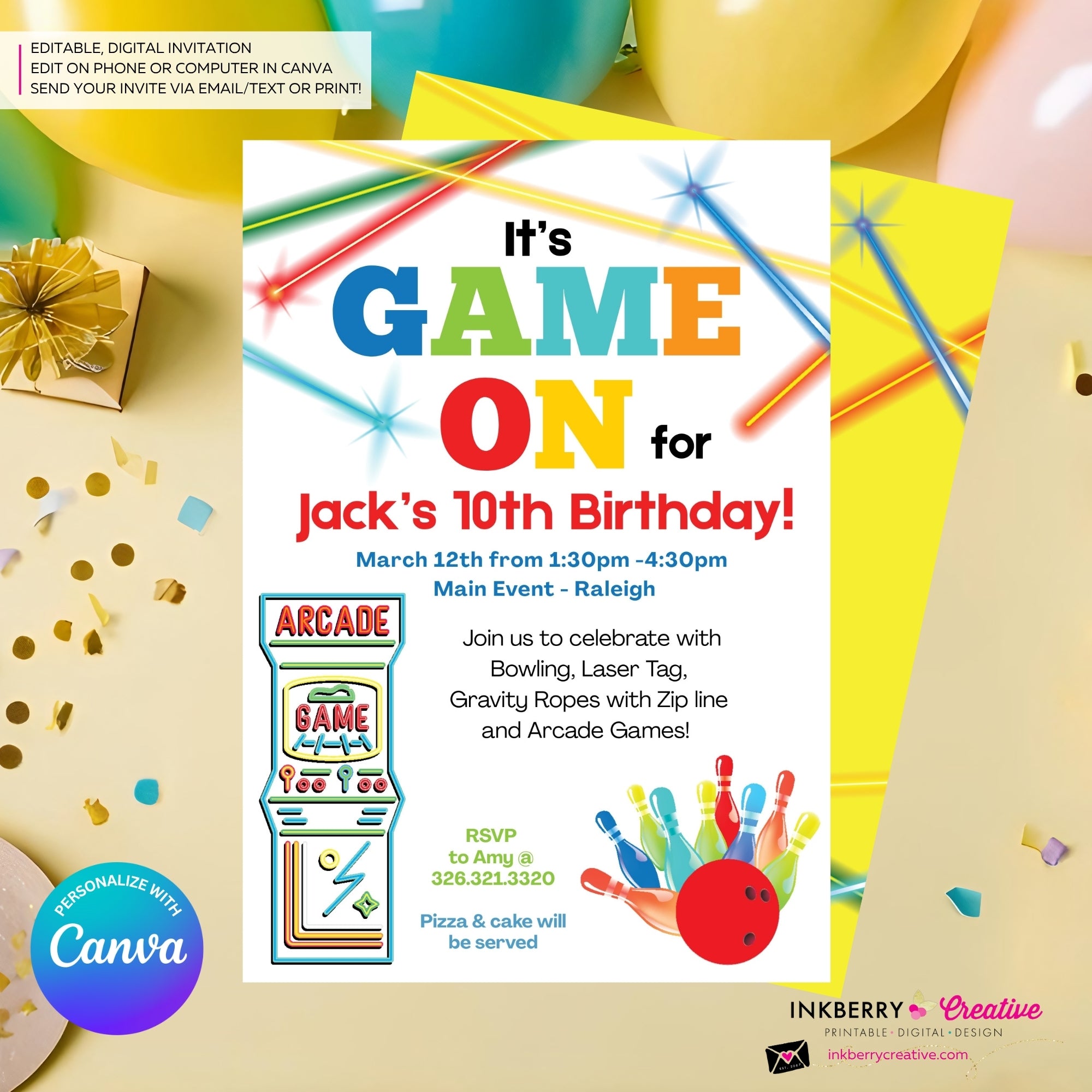 Game On - Arcade Games, Pizza Birthday Party Invitation - Boys Arcade Game Pizza Party - Printable, Digital File, Edit in Canva