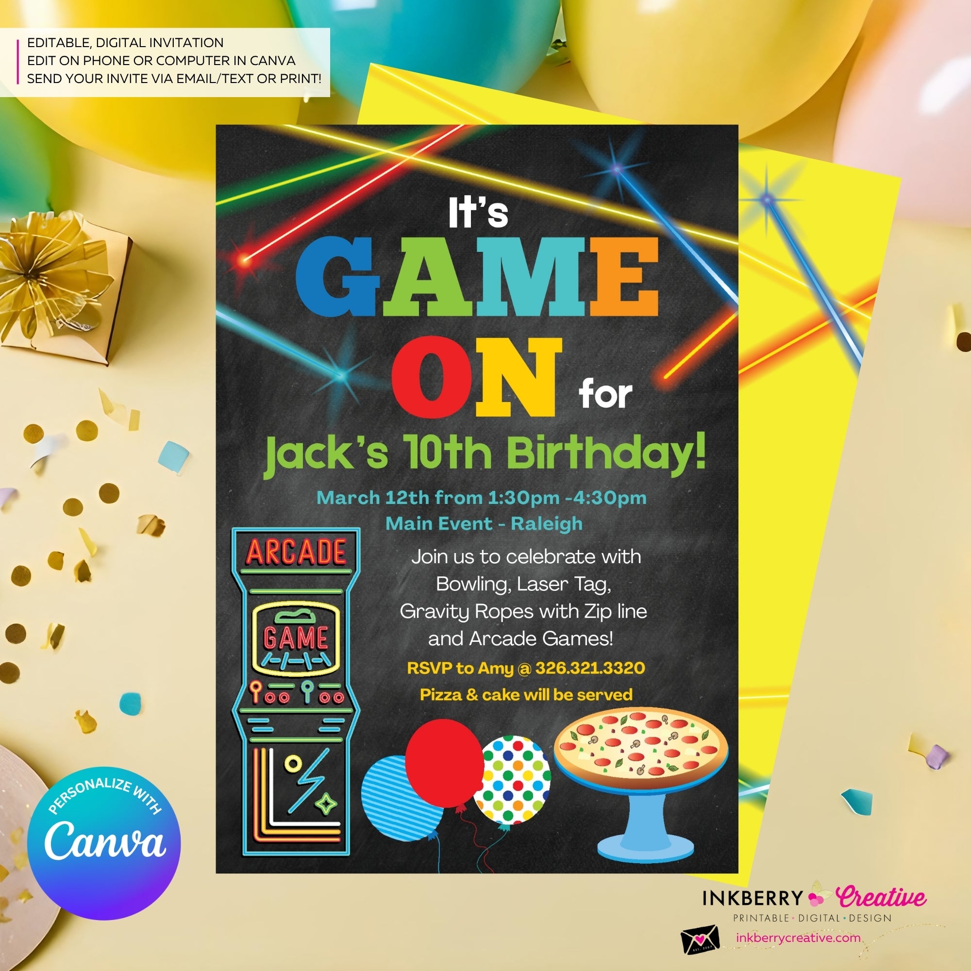 Game On - Arcade Games, Pizza Birthday Party Invitation - Chalkboard Boys Arcade Game Pizza Party - Printable, Digital File, Edit in Canva