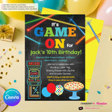 Game On - Arcade Games, Pizza Birthday Party Invitation - Chalkboard Boys Arcade Game Pizza Party - Printable, Digital File, Edit in Canva