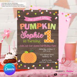 Pumpkin First Birthday (Girls) Woodgrain, Confetti Party Invitation - Printable, Edit in Canva