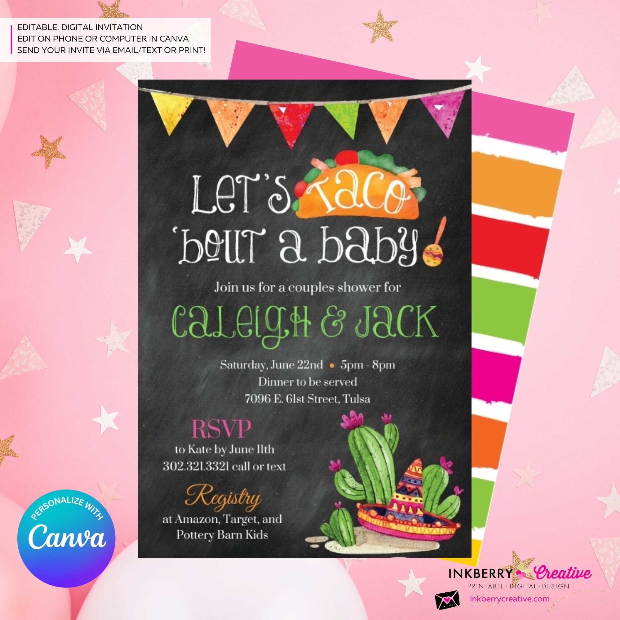 Taco Bout a Baby Shower Invitation, Chalkboard Style w/ Taco, Cactus, Sombrero, Mexican Fiesta Taco Baby Shower, Digital File, Edit in Canva