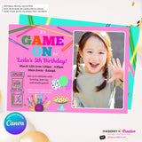 Game On Girls Pink PHOTO Arcade, Pizza, Bowling Birthday Party Digital, Printable Invitation - Edit in Canva
