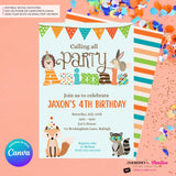 Editable Party Animal Birthday Party Invitation - Boys Cute Woodland Forest Animals Party Invite, Customize and Edit in Canva