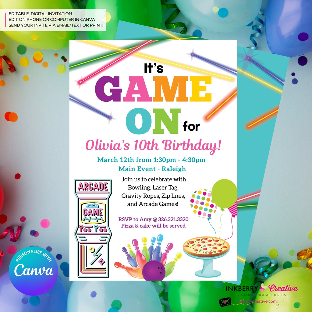 Game On - Arcade Games, Pizza, Bowling, Birthday Party Invitation - Girls Arcade Pizza Party - Printable, Instant Download, Edit in Canva