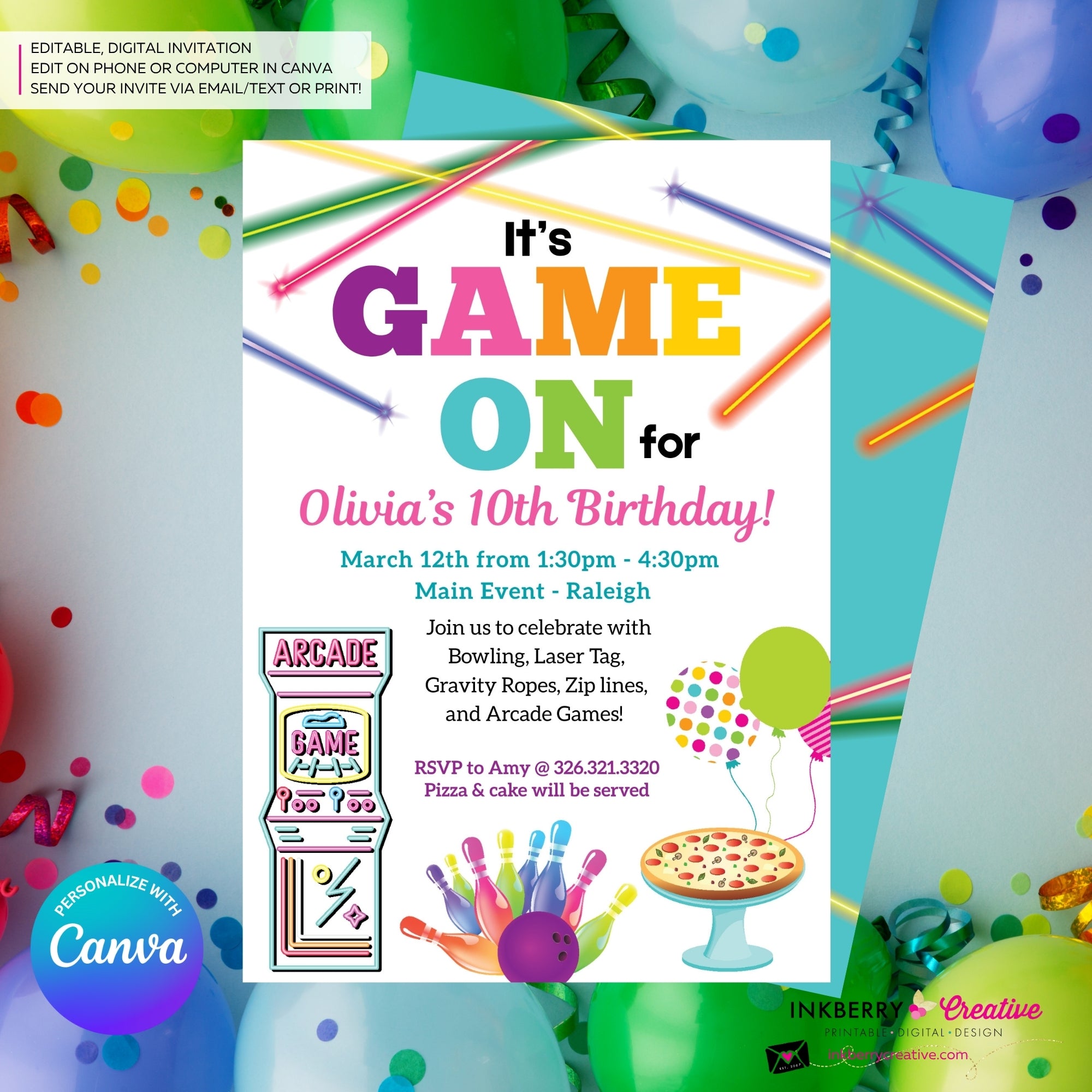 Game On - Arcade Games, Pizza, Bowling, Birthday Party Invitation - Girls Arcade Pizza Party - Printable, Instant Download, Edit in Canva