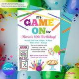 Game On - Arcade Games, Pizza, Bowling, Birthday Party Invitation - Girls Arcade Pizza Party - Printable, Instant Download, Edit in Canva