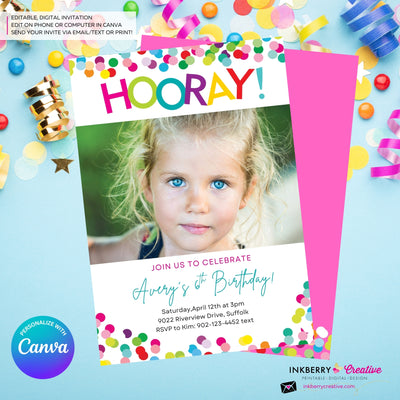 Hooray Confetti Girls Photo Birthday Party Invitation, Printable, Instant Download, Editable, Digital Invite, Edit in Canva