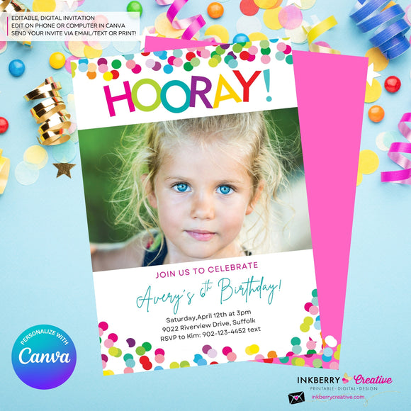 Hooray Confetti Girls Photo Birthday Party Invitation, Printable, Instant Download, Editable, Digital Invite, Edit in Canva