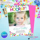Hooray Confetti Girls Photo Birthday Party Invitation, Printable, Instant Download, Editable, Digital Invite, Edit in Canva