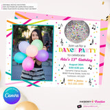 Neon Dance Party Birthday Party Photo Invitation, Digital, Printable File, Edit in Canva