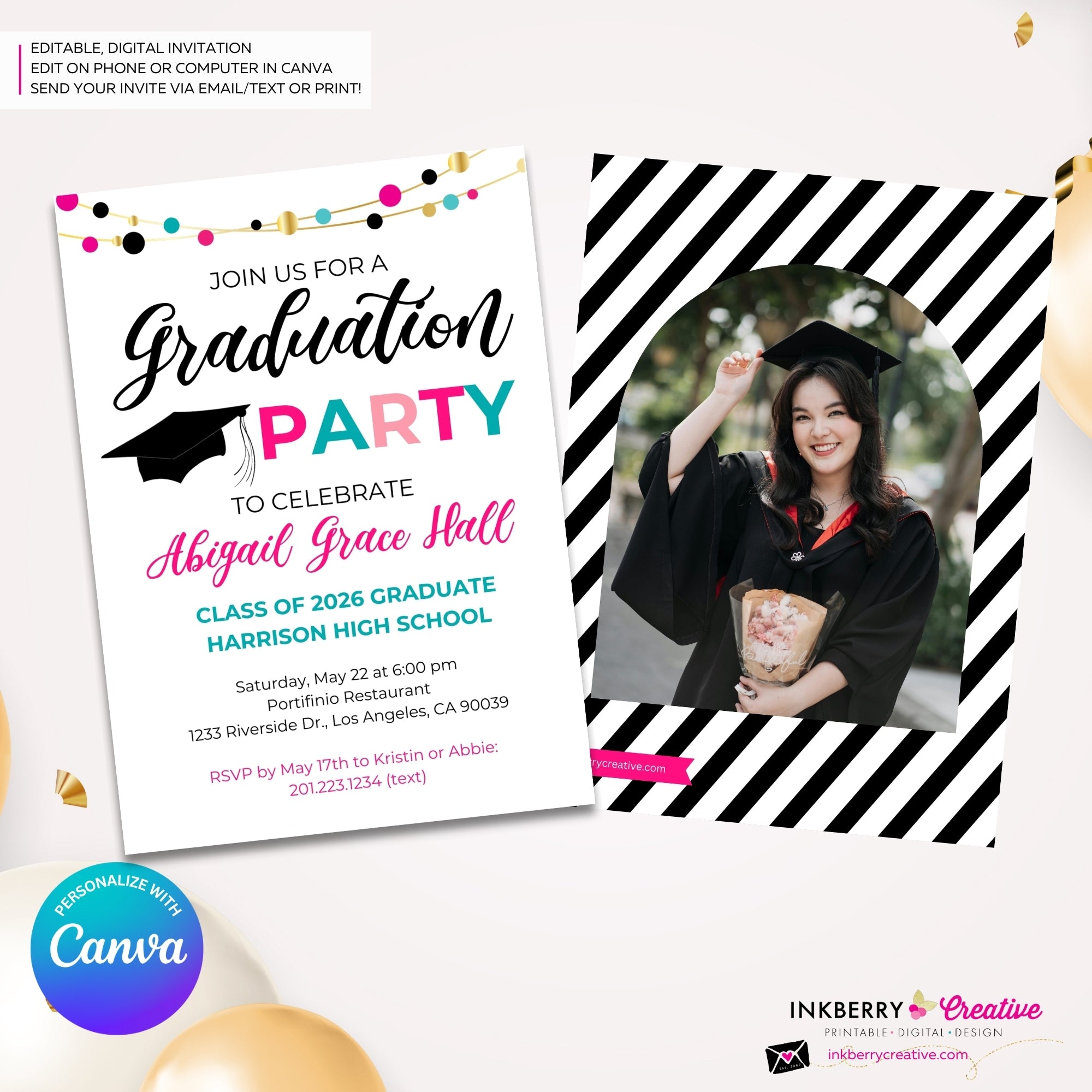 Colorful Graduation Garland Party Invitation - Photo Back - Editable in Canva