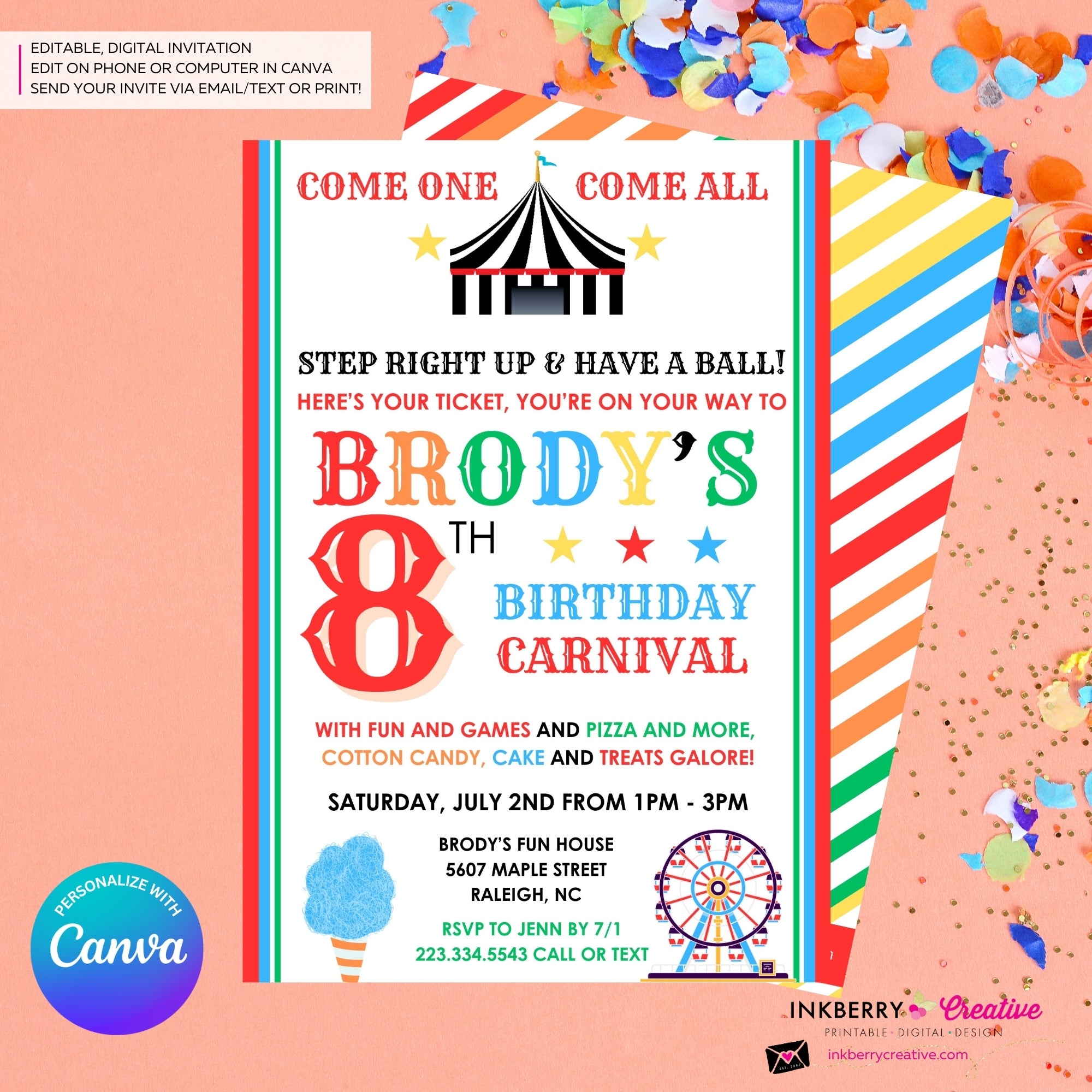 Carnival Birthday Party Invitation - Digital File, Personalize and Edit in Canva