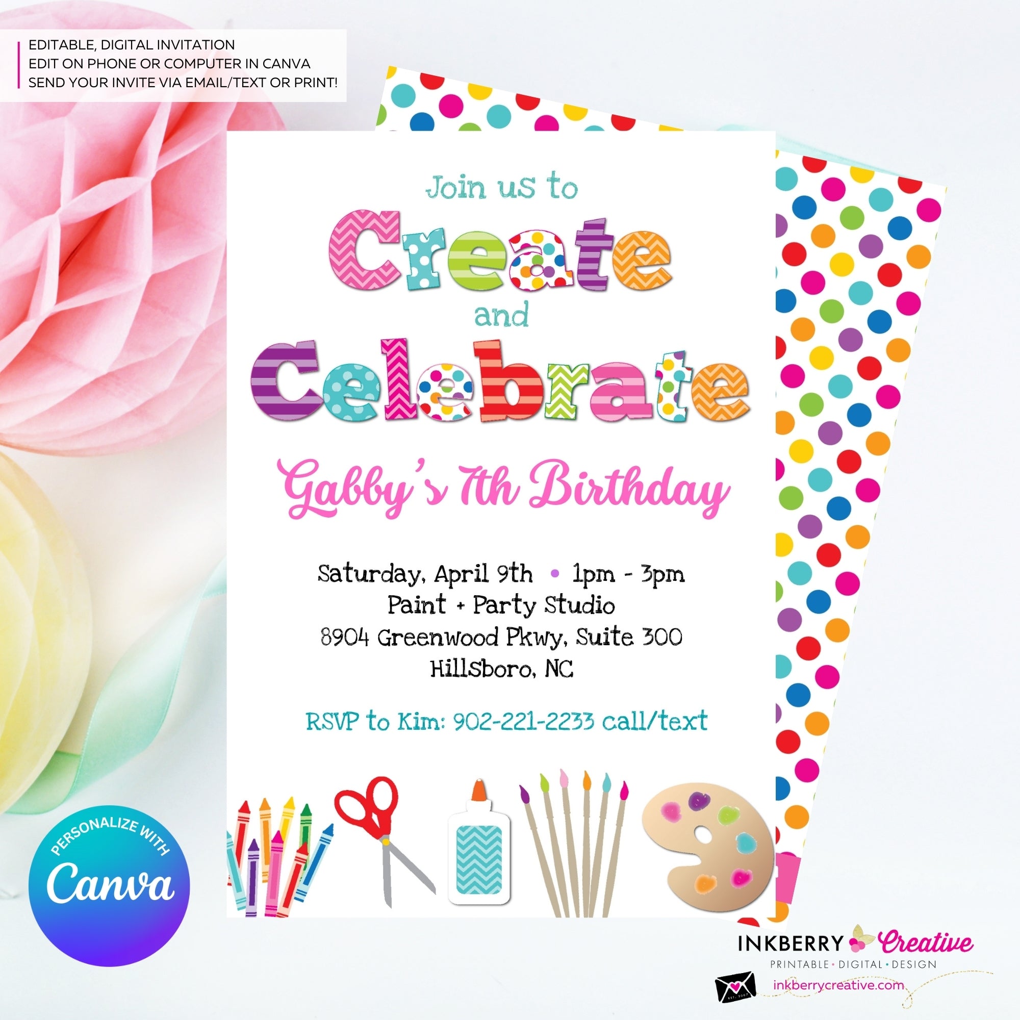 Create and Celebrate - Arts and Crafts Birthday Party Invitation, Kids Arts Crafts Painting Party - Printable, Instant Download, Edit in Canva