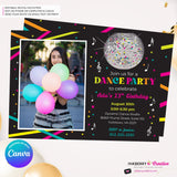 Neon Dance Party Birthday Party Photo Invitation, Digital, Printable File, Edit in Canva