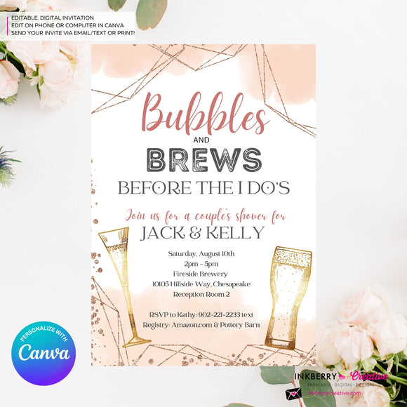 Bubbles and Brews Rose Gold Bridal Shower, Couples Shower Invitation, Digital Printable File, Personalize and Edit in Canva