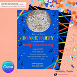 Neon Glow Dance Party Invitation (Boys Blue) with Disco Ball - Printable, Instant Download, Edit in Canva
