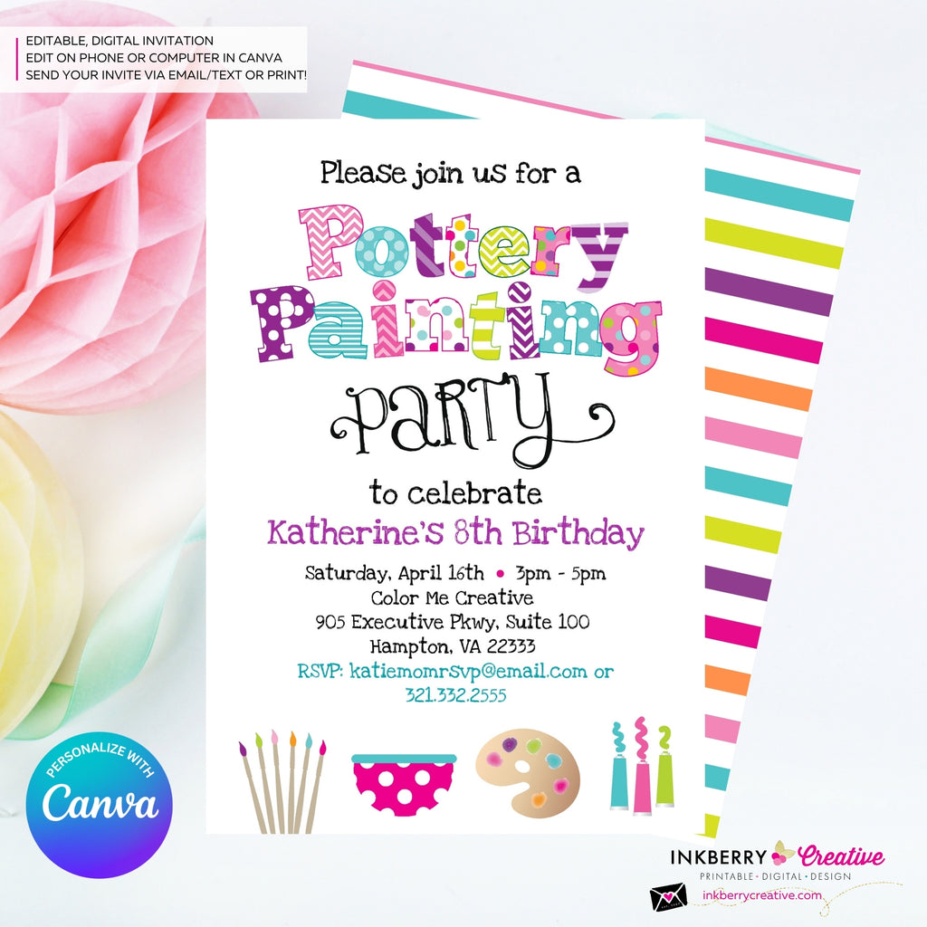 Pottery Painting Party Invitation (White) - Kids Art / Pottery Painting Birthday Party Invite - Edit in Canva