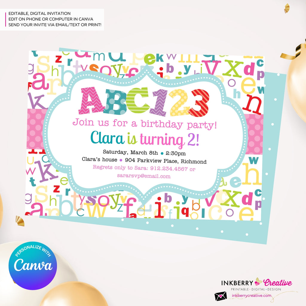 Alphabet Birthday Party Invitation Girls - Alphabet Theme Party Invite - Girl ABC Birthday Party - Personalize and Edit in Canva
