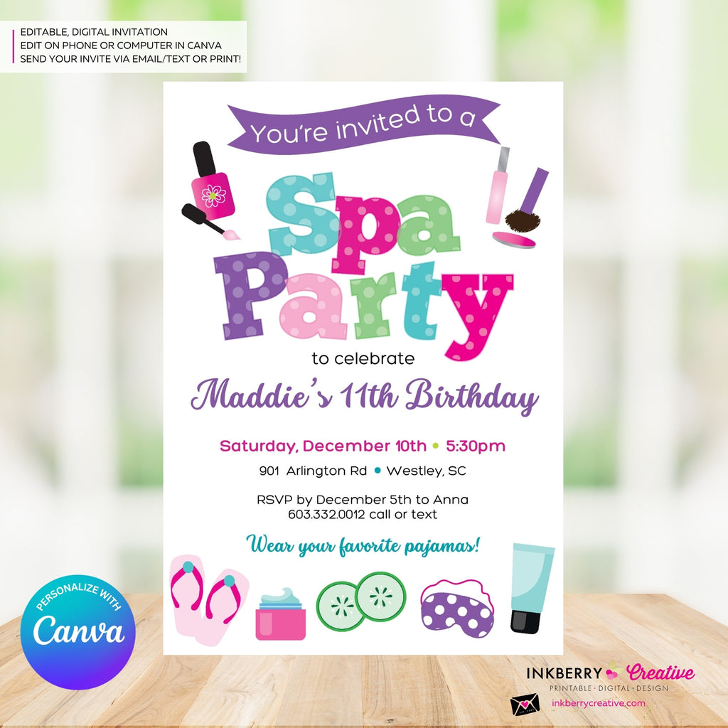 Spa Birthday Party Invitation - Printable, Instant Download, Edit in Canva