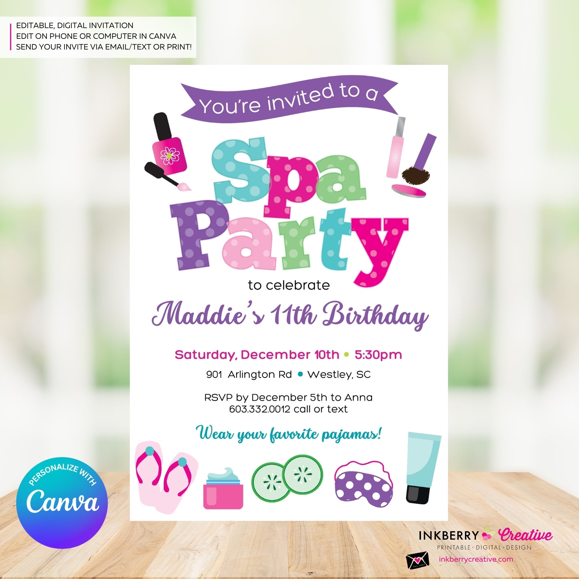 Spa Birthday Party Invitation - Printable, Instant Download, Edit in Canva