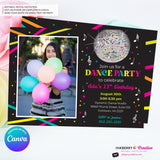 Neon Dance Party Birthday Party Photo Invitation, Digital, Printable File, Edit in Canva