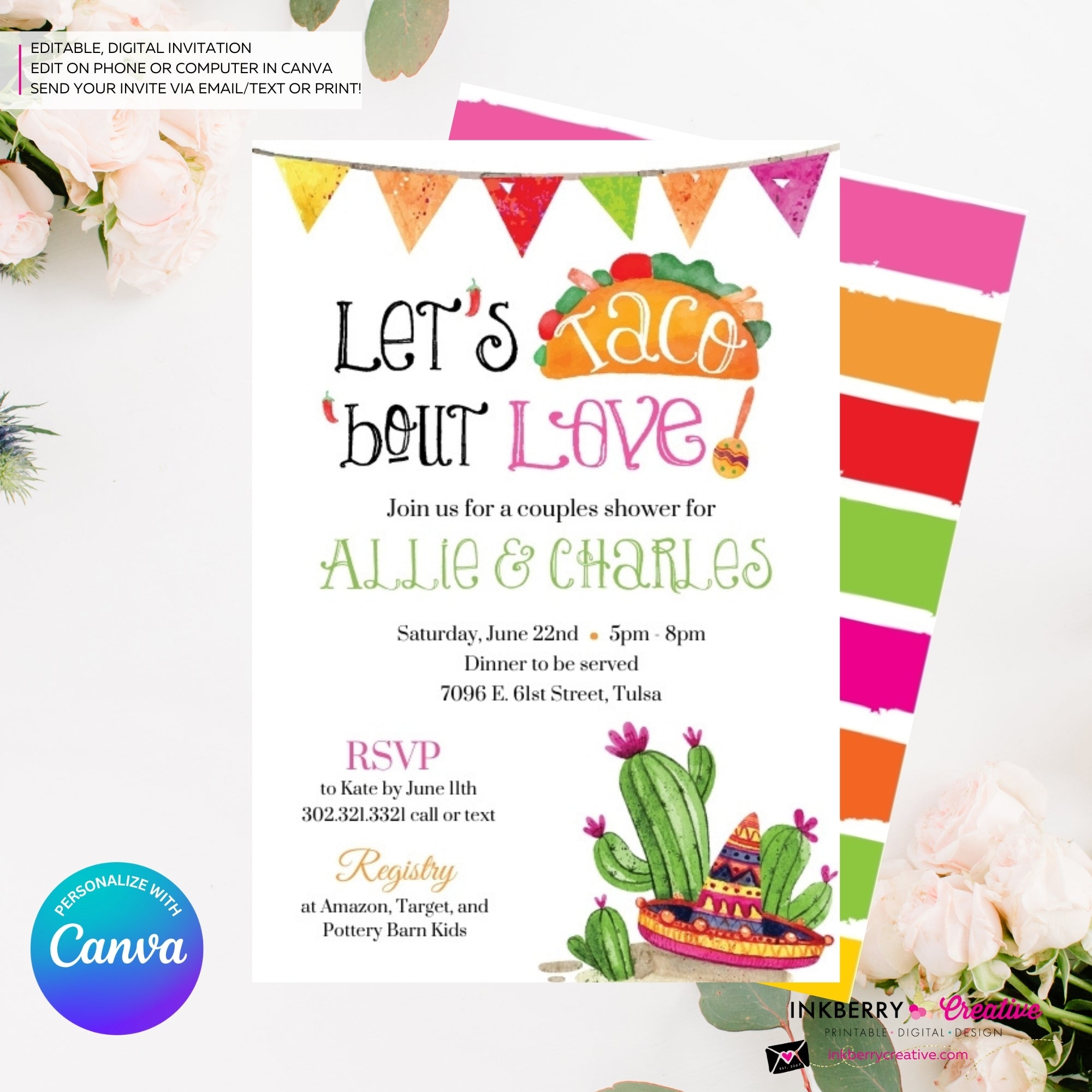 Taco 'bout Love - Couples, Coed, Taco, Mexican Theme Bridal Shower Invitation, Digital File, Edit in Canva