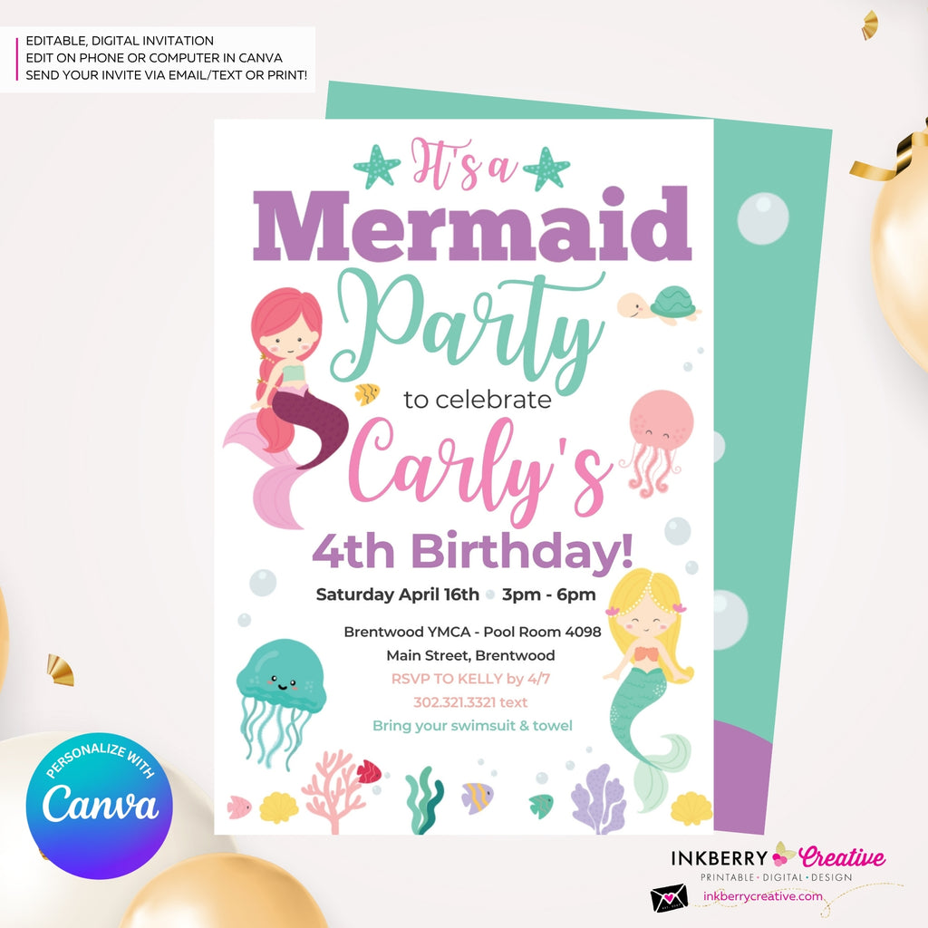 Mermaid Birthday Party Invitation, Under the Sea, Ocean, Beach, Jelly Fish, Star Fish, Shells - Printable Instant Download, Edit in Canva